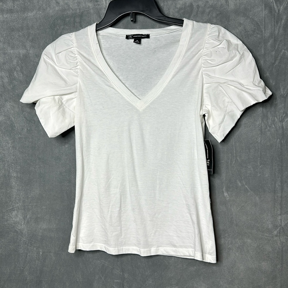 (XS:NWT) $39.50|INC International Concepts Ruffled-Sleeve Top, Washed White
